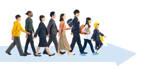 前に向かって歩く様々な世代・国籍の人々　手作業で精密に切り抜いた背景透過全身写真PNG（1人ずつのPNG画像も販売しております。作成者リンクから「PNG」で検索してください）