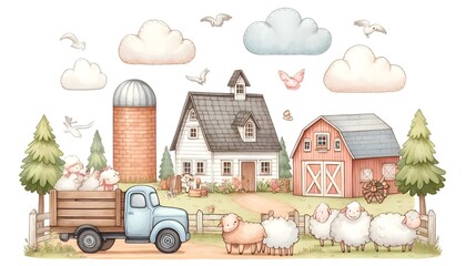 Pastoral Farm Life Watercolor Illustration | Rustic Countryside Digital Print 
 - obrazy, fototapety, plakaty