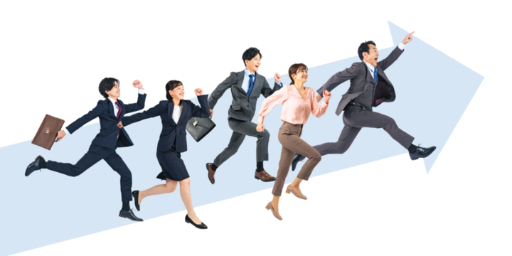 上に向かってジャンプするビジネスパーソンのグループ　手作業で精密に切り抜いた背景透過全身写真PNG（1人ずつのPNG画像も販売しております。作成者リンクから「PNG」で検索してください）