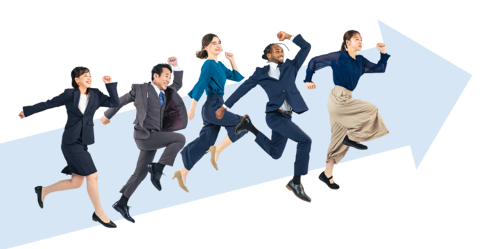 上に向かってジャンプする多国籍ビジネスパーソンのグループ 背景透過全身写真PNG(1人ずつのPNG画像も販売しております。作成者リンクから「PNG」で検索してください)