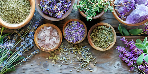 Fototapeta premium Lavender and other herbs and rose quartz - Herbalist naturopathic holistic healing theme banner with wooden bowls containing lavender flowers and crystals on a wooden surface with copy space 