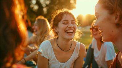 Lustige Picknickzeit: Freunde lachen gemeinsam