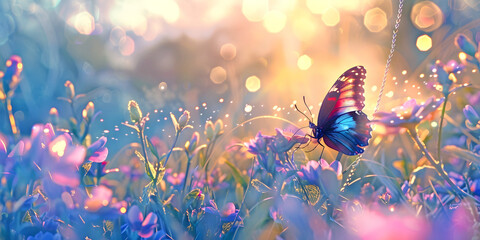 Dreamy resting Butterfly in a misty meadow of wild flowers - peachy bokeh background and pink turquoise colours ethereal ground level wild flowers and a lone butterfly basking in the golden sunlight