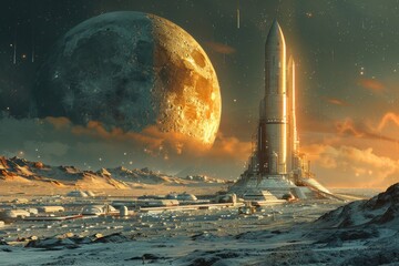 Futuristic spaceport on the Moon, with starships docking and departing against a backdrop of Earth