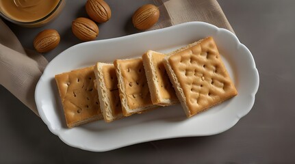 Sandwich crackers filled with peanut butter flavored cream in white plate.generative.ai - obrazy, fototapety, plakaty