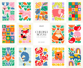 Abstract Childrens Room posters template. Modern trendy Kids minimal style. Hand drawn design for wallpaper, wall decor, print, postcard, cover, template, banner. 