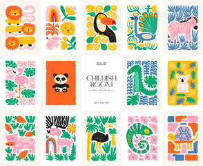 Abstract Childrens Room posters template. Modern trendy Kids minimal style. Hand drawn design for wallpaper, wall decor, print, postcard, cover, template, banner. 