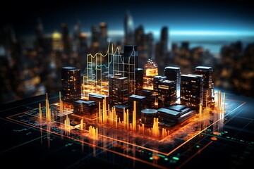 Laptop with glowing forex chart on blurry city background. 3D Rendering