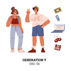 90s Generation Y with tech gadgets vector illustration