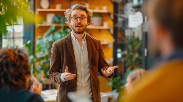 Startup-Pitch: Junger Unternehmer pr&auml;sentiert leidenschaftlich seine Idee