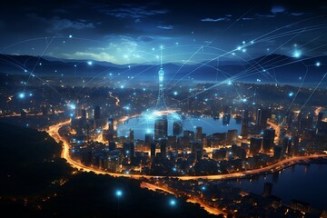 Fototapeta premium Modern city at night with network connection concept. 3D Rendering