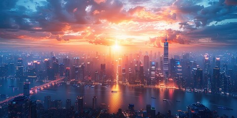 Obraz premium Panoramic view of a futuristic metropolis managed by AI, with predictive analytics for efficient urban living, showcasing the skyline