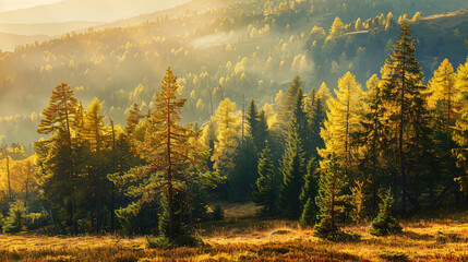 Autumn forest in the mountains at sunset.