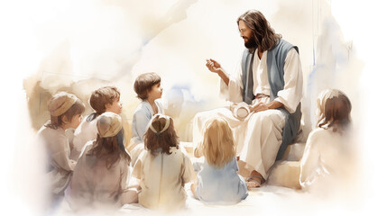 Jesus with group of children in park. Teaching children about Jesus Christ fosters love, faith, compassion, guiding them on spiritual journey rooted in divine, holy principles within their religion.