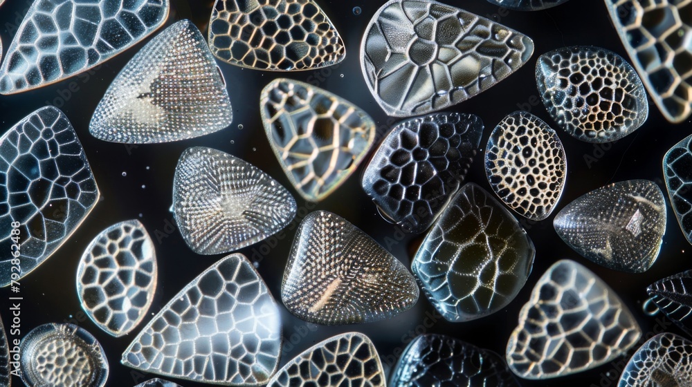 Poster a group of tiny jewellike diatoms each one with its own unique geometric pattern and intricate cell 