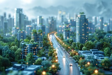 Self-organizing urban layout designed by AI, showcasing adaptive buildings and roads that change based on traffic and environmental data
