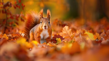 Eurasian red squirrel In the natural habitat in the autumn forest The forest is full of warm colors.