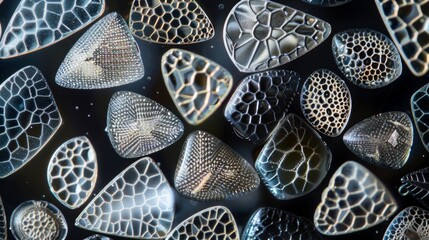 A group of tiny jewellike diatoms each one with its own unique geometric pattern and intricate cell wall visible under high magnification. - obrazy, fototapety, plakaty
