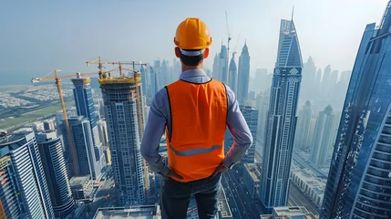 Foto op Plexiglas Engineer Overseeing Skyscraper Construction in Thriving Urban Cityscape © R Studio