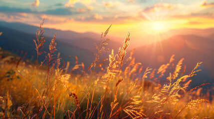 Autumn grass in the mountains at sunset. 
