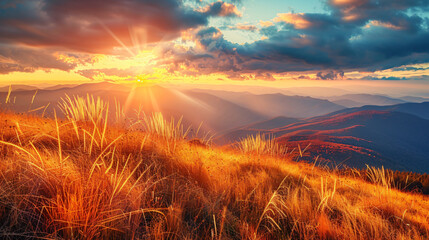 Autumn grass in the mountains at sunset.  - Powered by Adobe