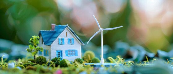 Miniature model house with wind turbine power generation, alternative electricity source, esg  - obrazy, fototapety, plakaty