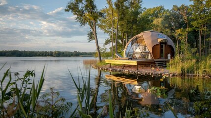 A secluded geodesic dome nestled on the edge of a scenic lake providing guests with a tranquil retreat to relax and recharge. 2d flat cartoon.