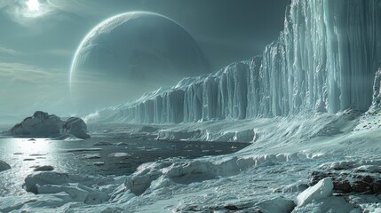 Water extraction plant on Europa, with under-ice submarines exploring alien oceans - obrazy, fototapety, plakaty