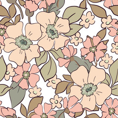 Seamless floral pattern, romantic ditsy print in a retro motif. Pretty botanical design, abstract ornament: hand drawn daisy flowers, small leaves, line art garden in pastel color. Vector illustration