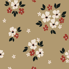 Seamless floral pattern, liberty ditsy print in a autumn motif. Pretty botanical design, abstract ornament: small hand drawn flowers, leaves, tiny simple bouquets on a brown field. Vector illustration