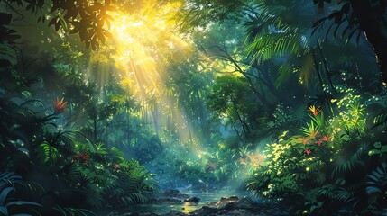 Radiant Rainforest Anime explorers journey through a vibrant watercolor jungle, filled with life
