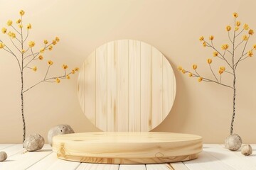 A wooden podium with a round backdrop, adorned by yellow flowers and stones, evokes a natural autumn setting, perfect for seasonal product showcases.
 - obrazy, fototapety, plakaty