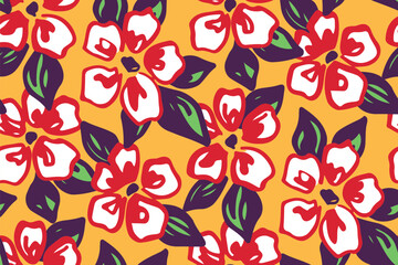 Fototapeta na wymiar Seamless floral pattern, summer fashion ditsy print, abstract flower ornament in color. Artistic botanical surface design: hand drawn red flowers, leaves on yellow. Vector retro texture illustration.