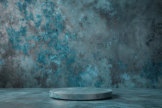 A worn textured backdrop complements a cool blue podium, ideal for a rustic yet modern product setup or thematic visuals.
