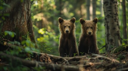 Obraz premium Two brown bear cubs in the forest Animals in their natural habitat Wildlife scenes from Europe Brown bear cub without mother
