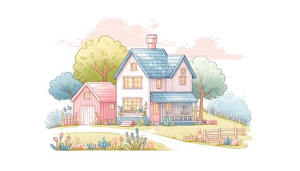 Pastel Country Home Illustration | Dreamy Cottage Digital Art Print
 - obrazy, fototapety, plakaty