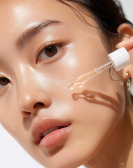 close-up face with she is applying serum to the cheek area using one dropper from a bottle