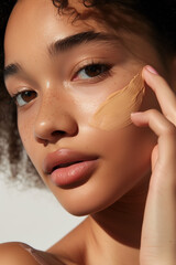 closeup of the face and hand applying liquid foundation on her cheek, showcasing its smooth texture and natural color harmonious with skin tone, set against a white background
