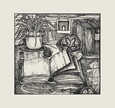 Vectorised pen sketch. Pen sketches of reading or writing desk with souvenirs from travels.  Pages from an empty book. Inspiration for writing stories or adventures.