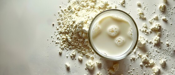 Glass of Fresh Milk and Protein Powder on White Background. Concept Food Photography, Healthy Living, Fresh Ingredients, Nutritional Supplements, White Background