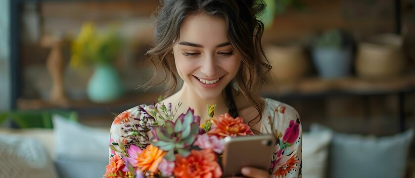 A happy woman in a floral dress happily looks at her phone with a bouquet in hand. Concept Outdoor Photoshoot, Joyful Portraits, Floral Dress, Bouquet, Phone Portrait