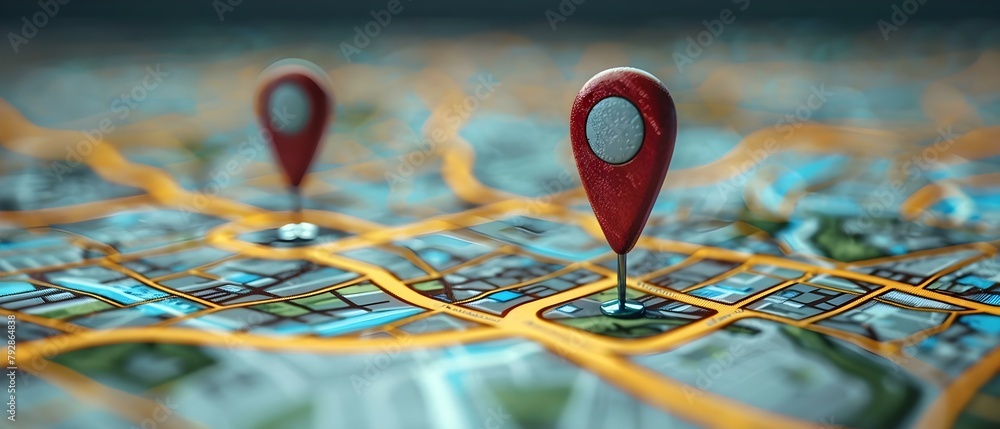 Poster digital handsets on map show gps technology integration with two markers. concept gps technology, di