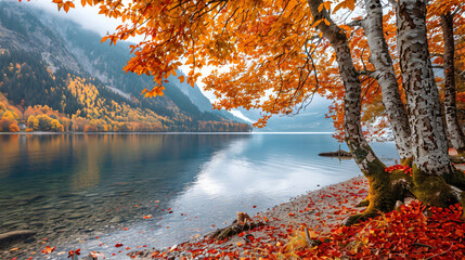 Autumn trees with red-yellow leaves on the shore 