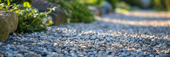 Wide panoramic view of a curved gravel pathway leading through a beautifully landscaped garden