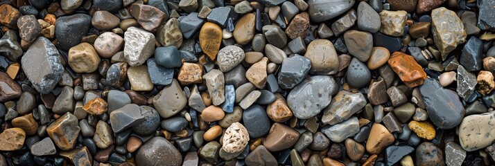 A wide, panoramic shot of a diverse mix of pebbles creating a colorful pattern across the frame