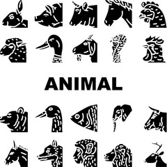 animal zoo pet face farm icons set vector. elephant cow, bear, pig, cat lion, sheep deer, fox duck animal zoo pet face farm glyph pictogram Illustrations
