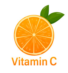 Vitamin C, orange fruit and letter C with two green leaves. Vitamin concept with slice of juicy orange. Healthy complex with chemical formula from nature.