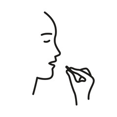 Oral use of pills. A linear icon of a person taking a pill that illustrates how pills, vitamins, or antibiotics are taken.