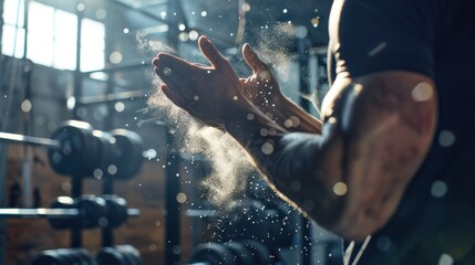 Weightlifters clapping and preparing to exercise at the gym. focus wide angle lens dust