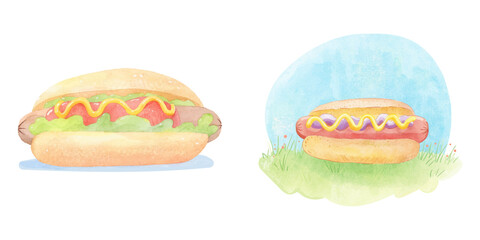 hotdog with ketcup and mustard watercolor vector illustration